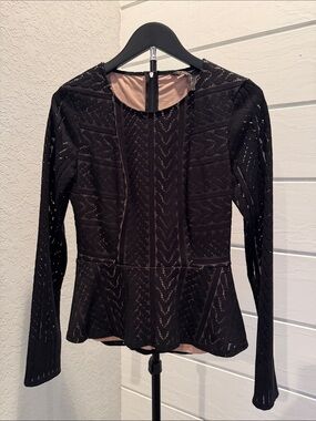 BCBGMaxAzria Black Lace-Style Peplum Long Sleeve Top